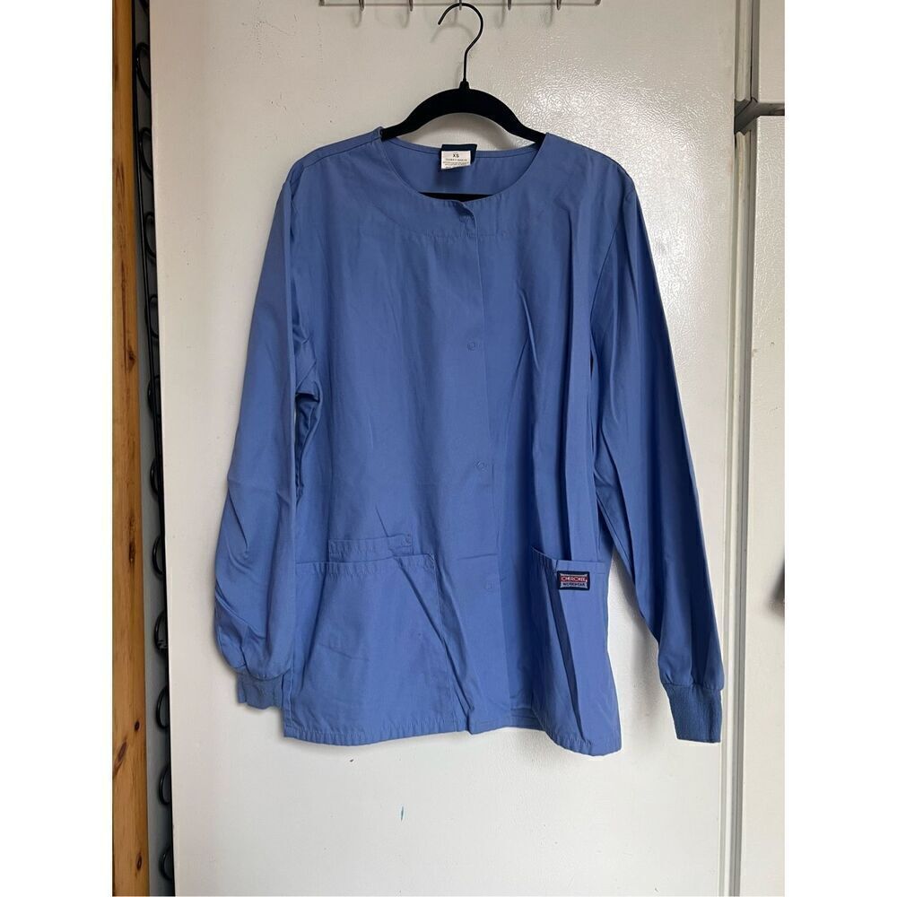 Cherokee Workwear Blue Long Sleeve Snap Button Up Scrub Top Woman’s Size XS